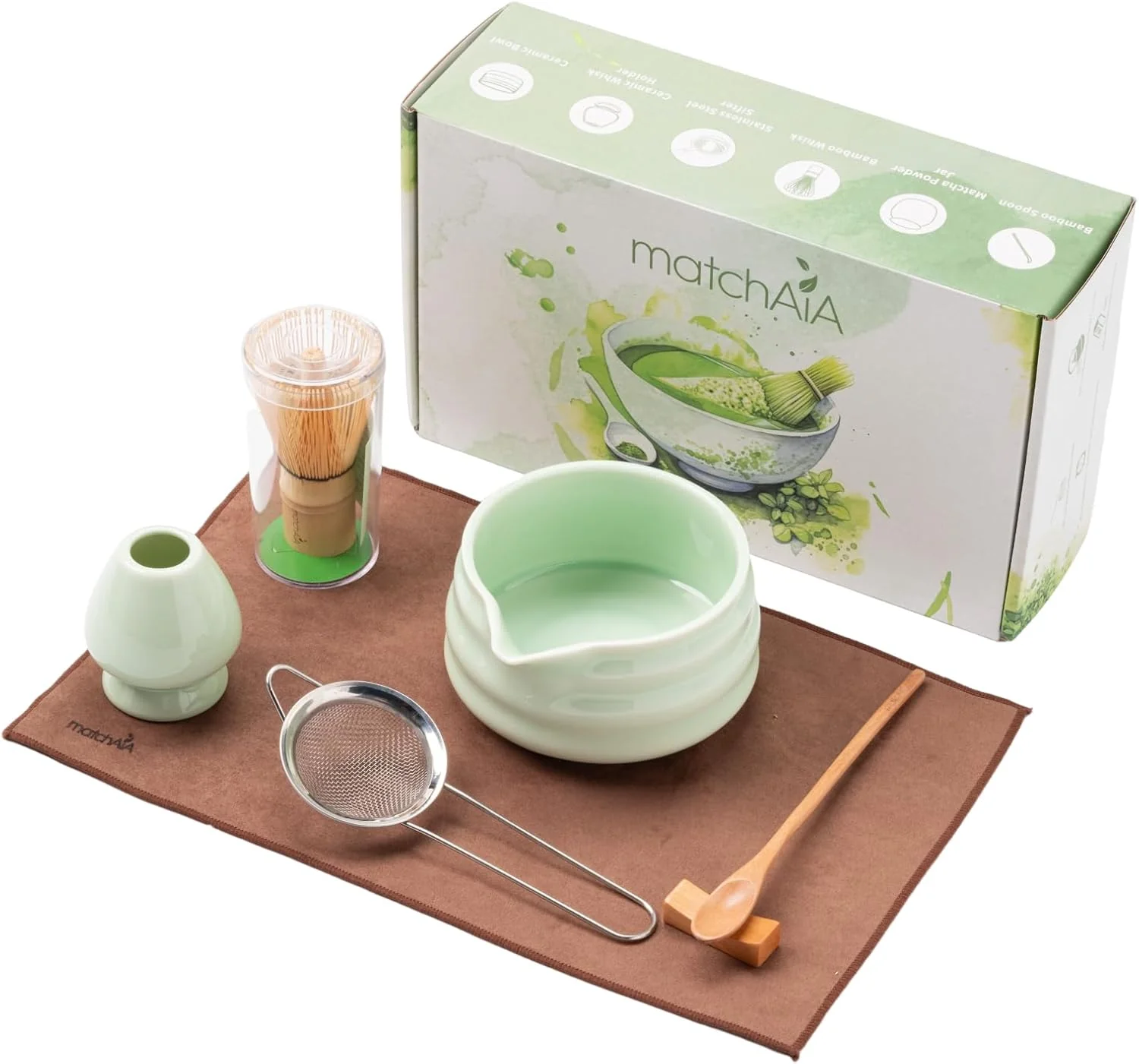 Solid 7 Pcs Matcha Set - Ceramic Bowl Bamboo Whisk with Holder Sifter Schima Spoon Spoon Rest and Tea Towel Trendy