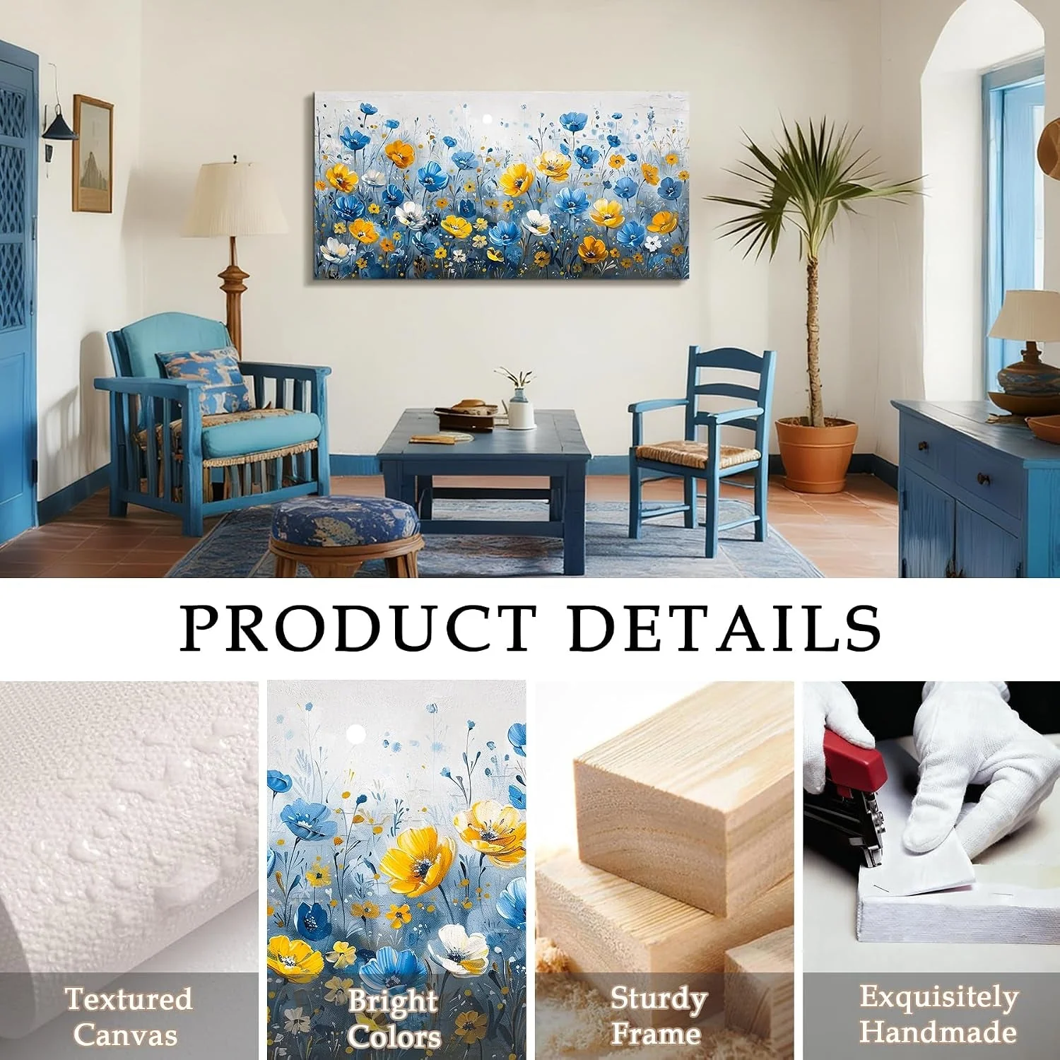 Sophisticated Cerulean Yellow Wildflower Wall Art TwentyByFortyInch Canvas Optimized