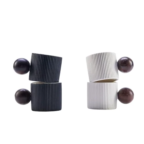 Practical Ceramic Mini Espresso Cups Demitasse Cups with Round Wooden Handle Vertical Stripes Tea Cups 4 Count Efficient