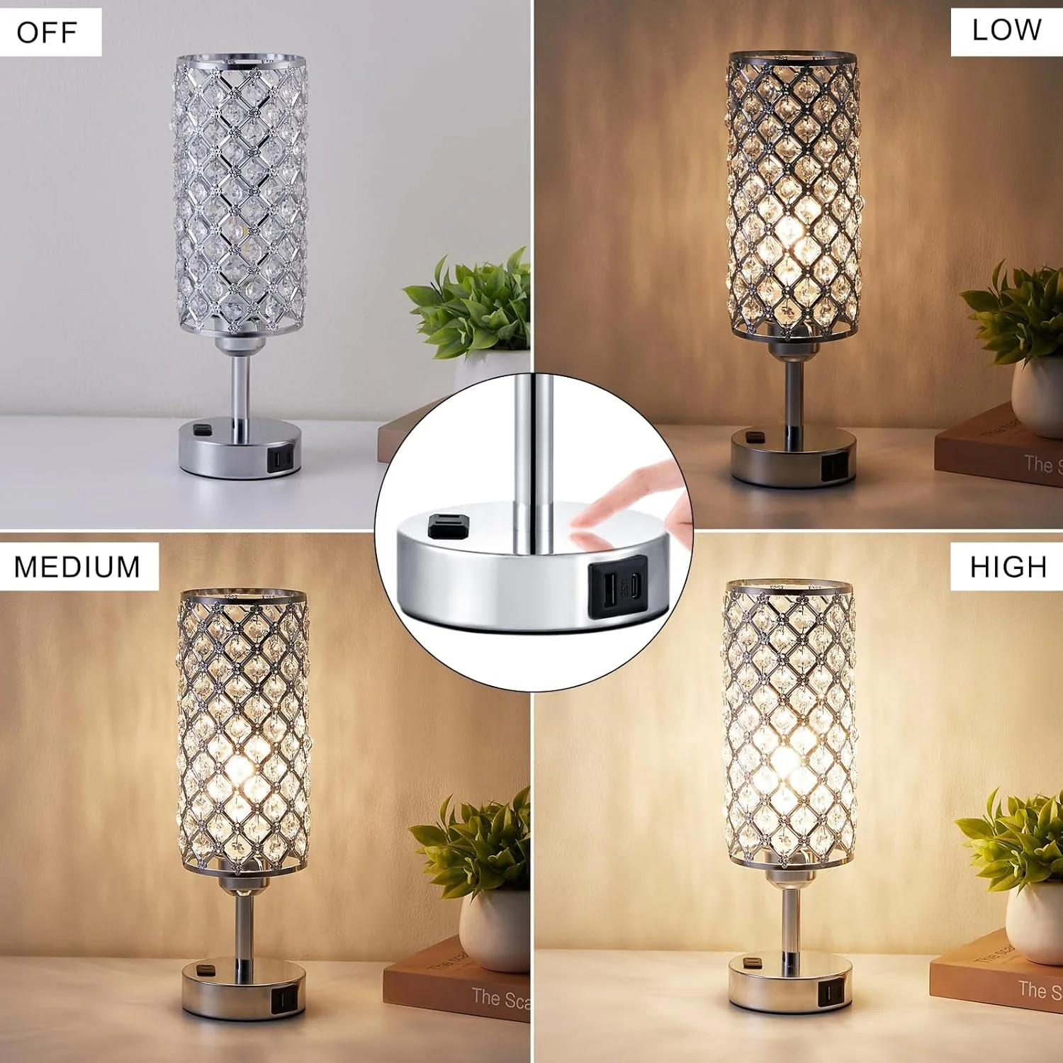 Contemporary Crystal Diamond Nightstand Lamps Set Silvery Finish Traditional