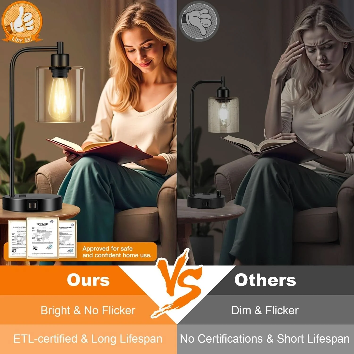Superior Black Industrial Touch Control Table Lamps With USB Ports Traditional