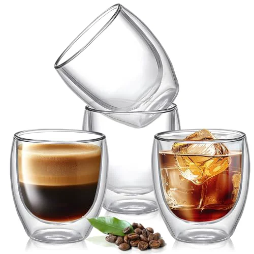 Specialty 5 Ounces Set of 4 Double Walled Glass Coffee Mugs Insulated Layer Coffee Cups Borosilicate Glass Espresso Double Insulated Clear Glass Coffee Mug for Hot Beverages 4 Count Premium Material
