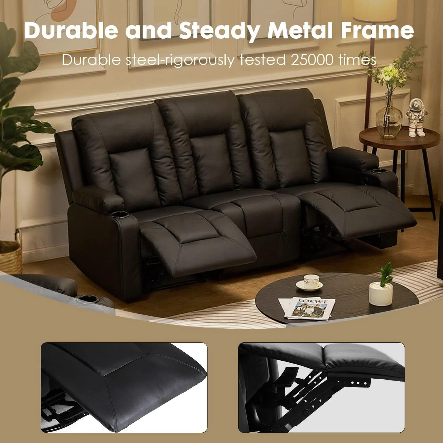 Long-Lasting Black Leather Upholstered Manual Recliner Sofa Set Responsible