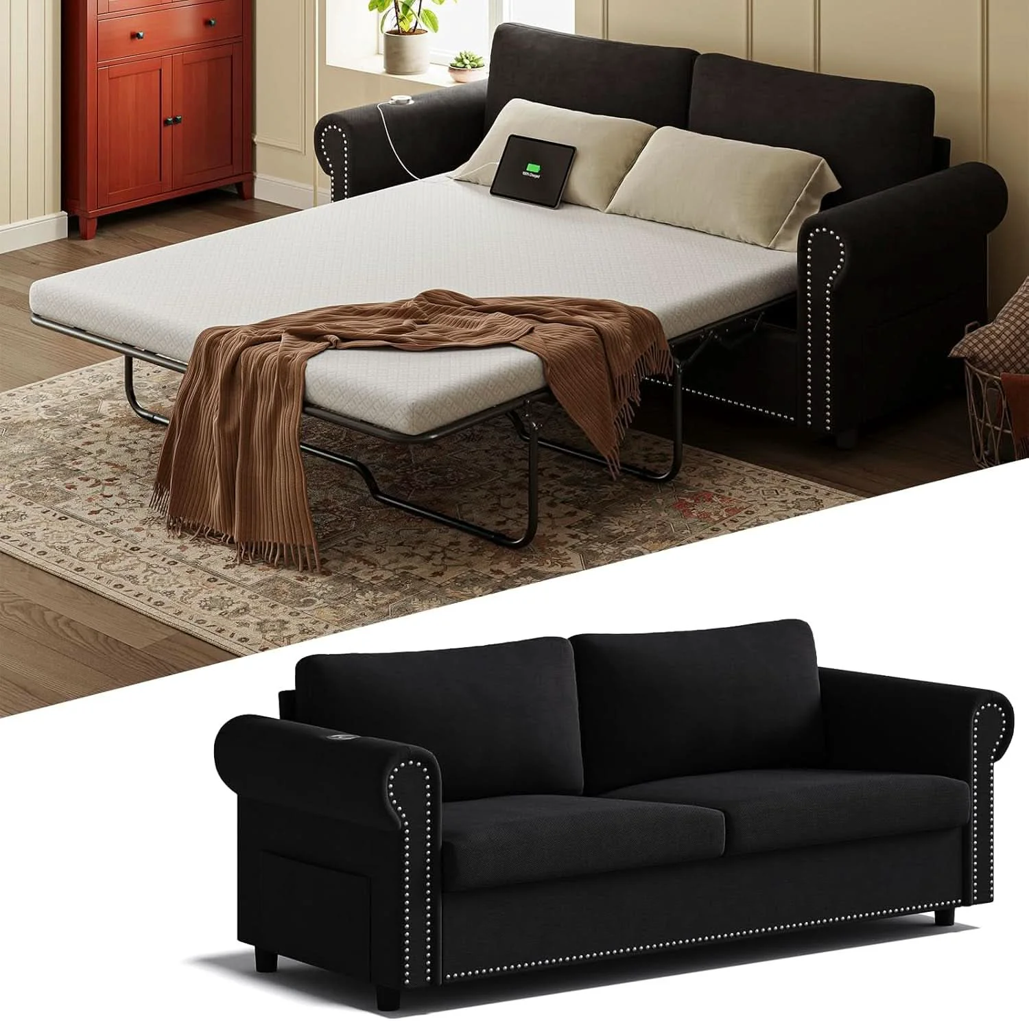 Healthy Queen Sleeper Sofa Bed Black Ergonomic Contemporary Genuine