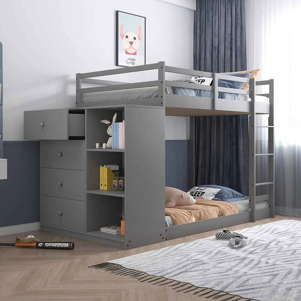Pure Gaston - Twin Over Twin Bunk Bed With 4 Drawers 3 Compartments - Gray Advanced