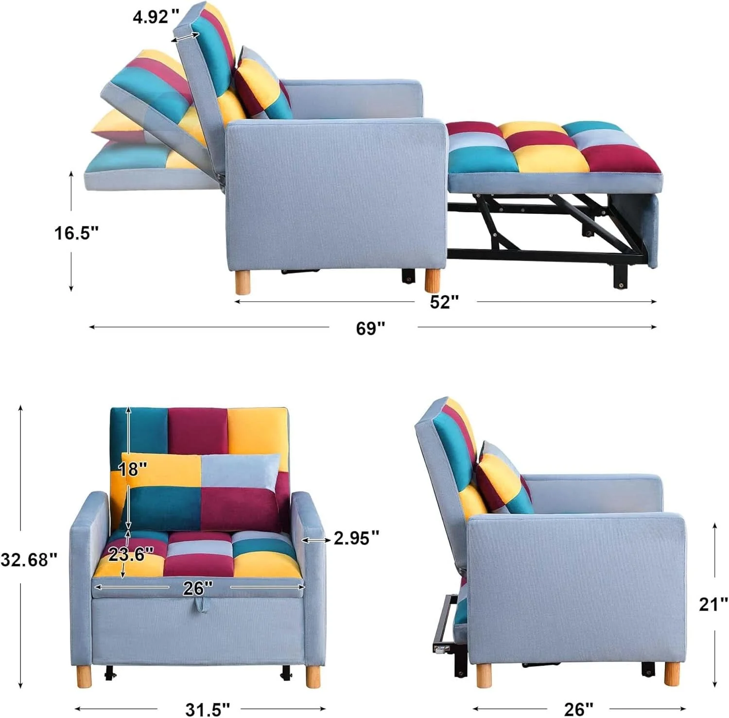 Prestigious Convertible Sleeper Sofa Chair Rainbow 3In1 Compact Environmentally Friendly