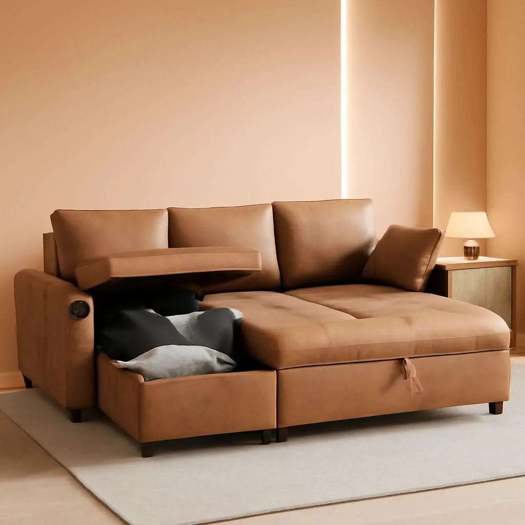 Comfortable Brown Leather Sleeper Sofa Bed With Storage Fine