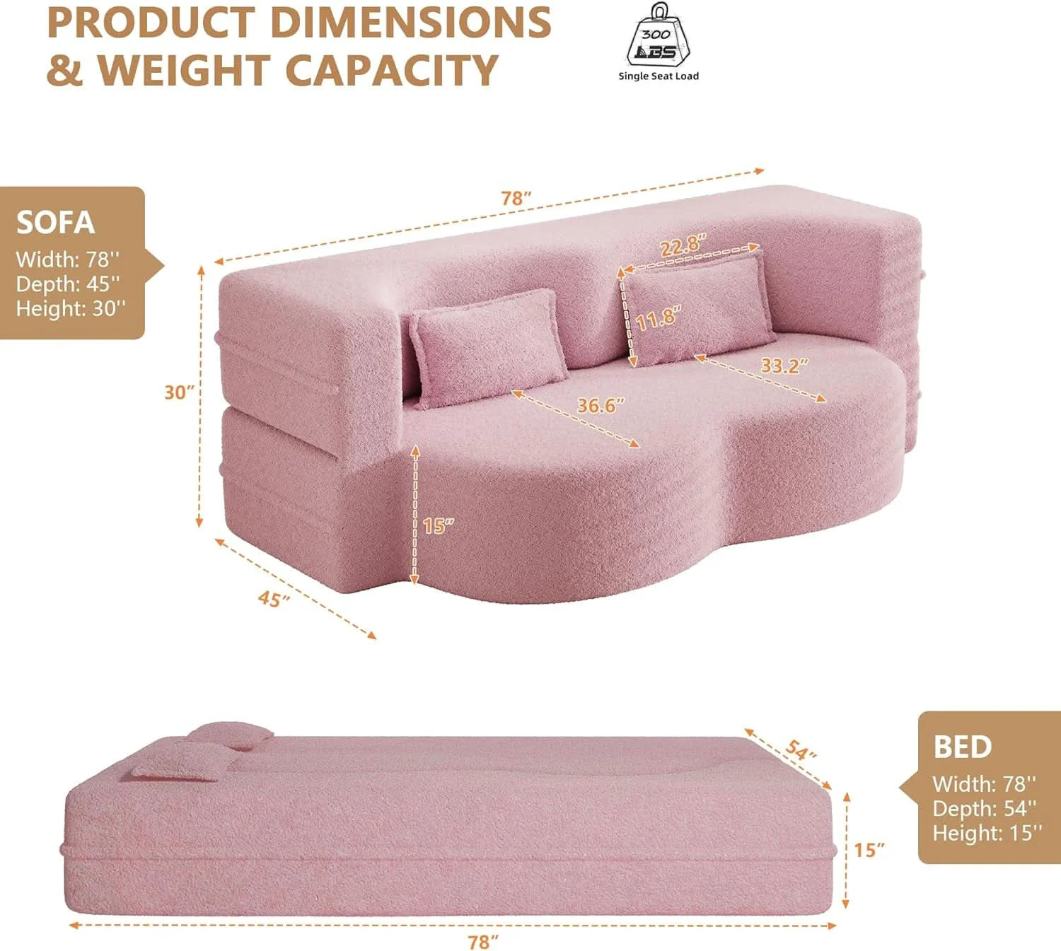 Functional Powder Pink Ultra Comfort Contemporary Foldable Sleeper Sofa High-Performance