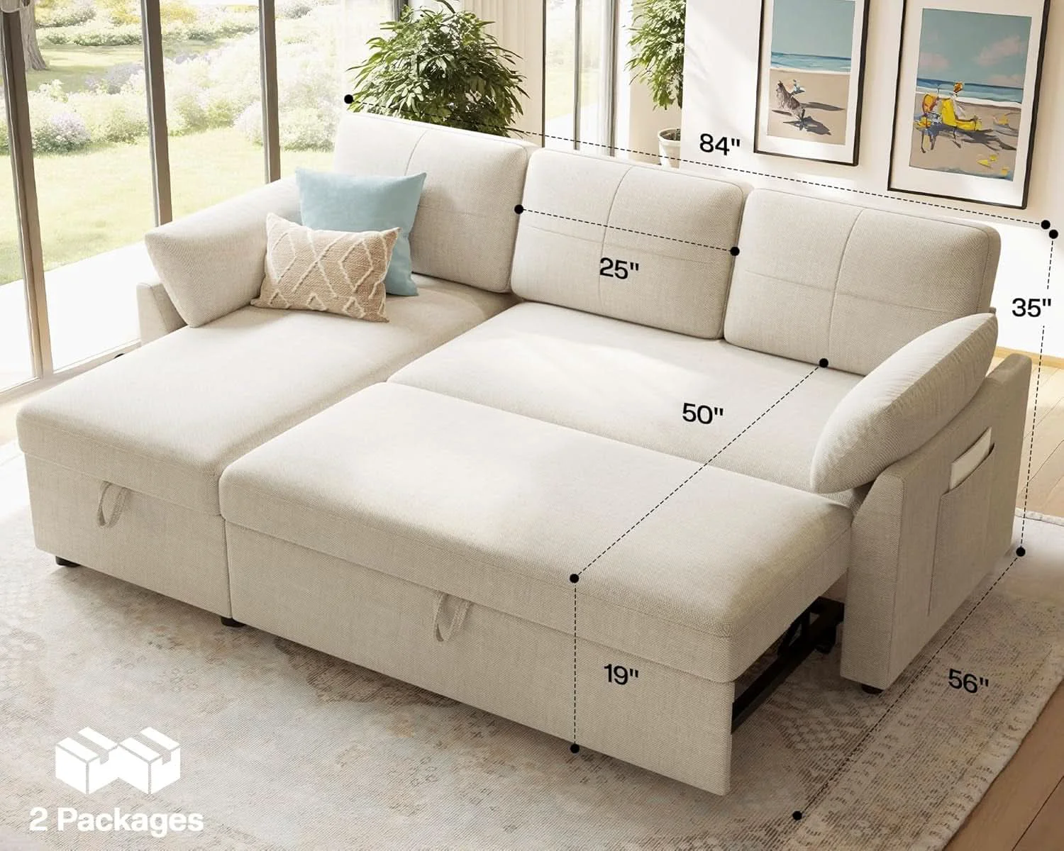 Natural Linen Beige Multifunctional Sleeper Sofa With Storage Modern