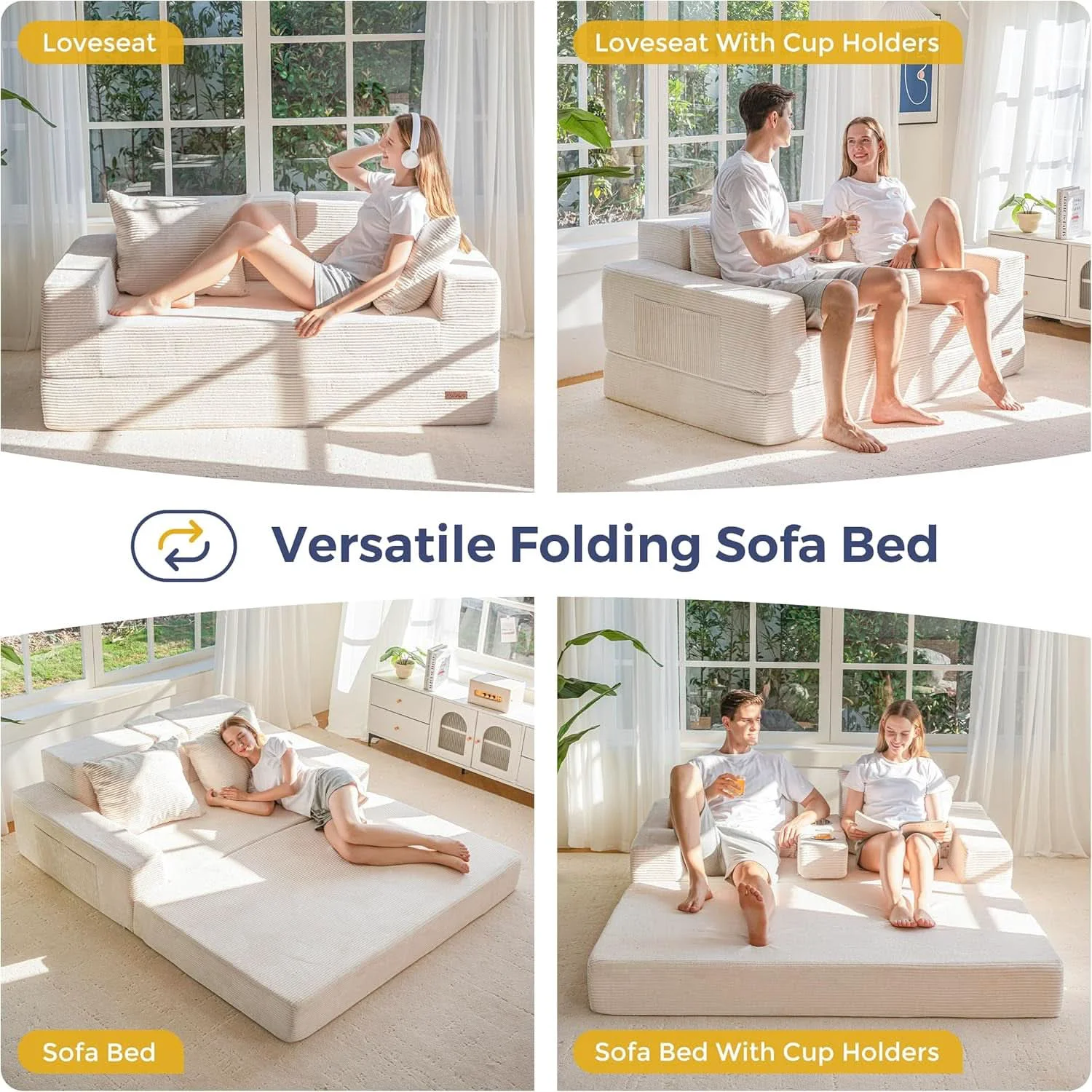 Top-Quality Beige Foldable Convertible Sleeper Sofa With CupHolders Quality