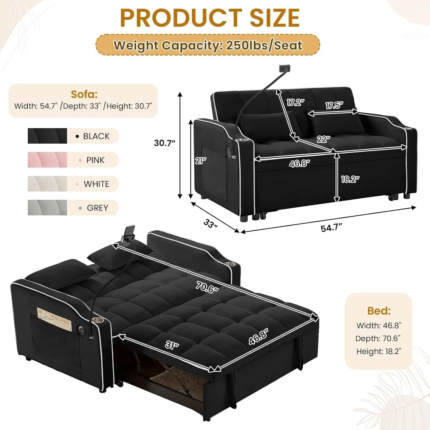 Reliable Black Velvet Luxe Sleeper Sofa Bed USB Charging Port Optimized