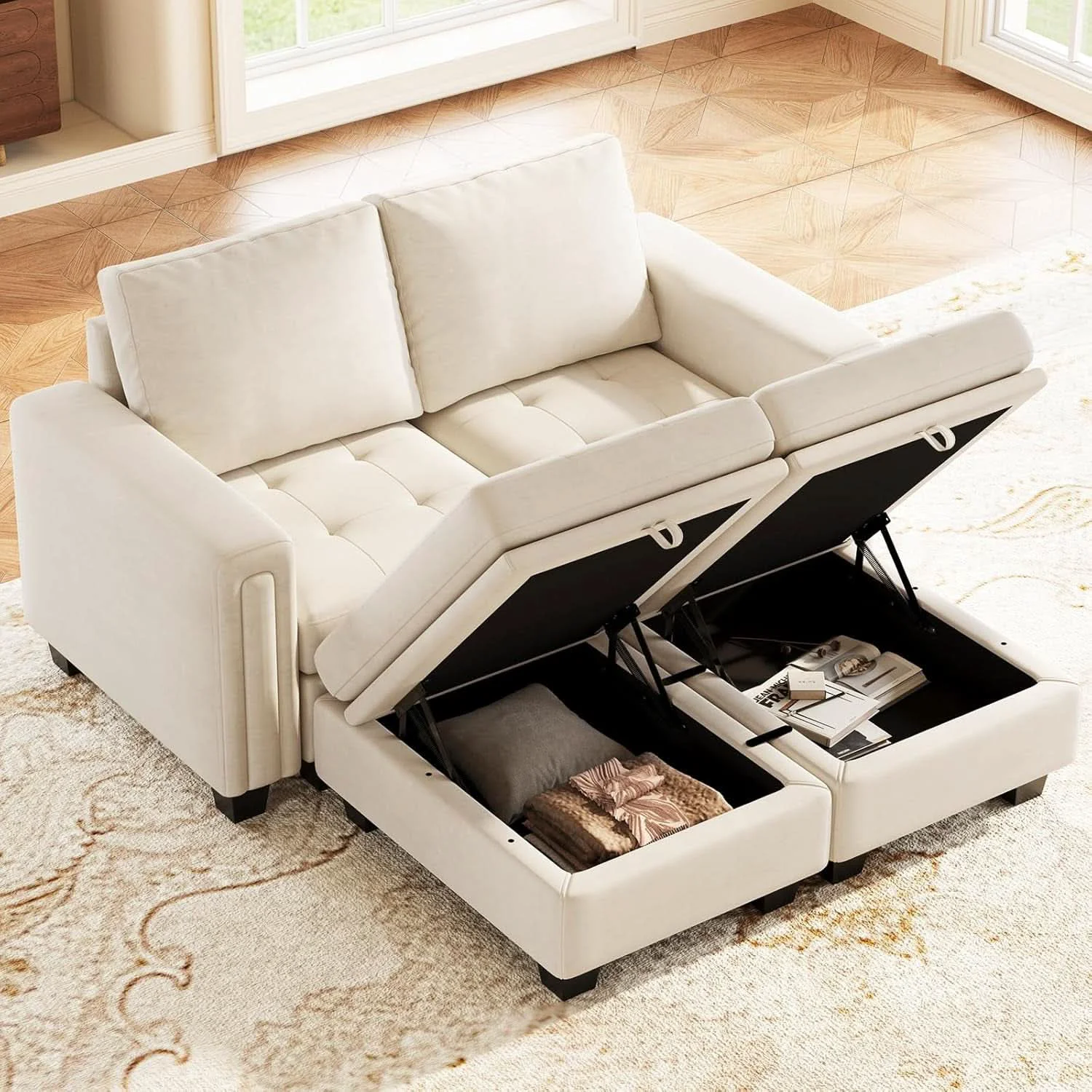 Contemporary Beige Velvet Modular Sectional Sofa With Storage Sleeper Innovative