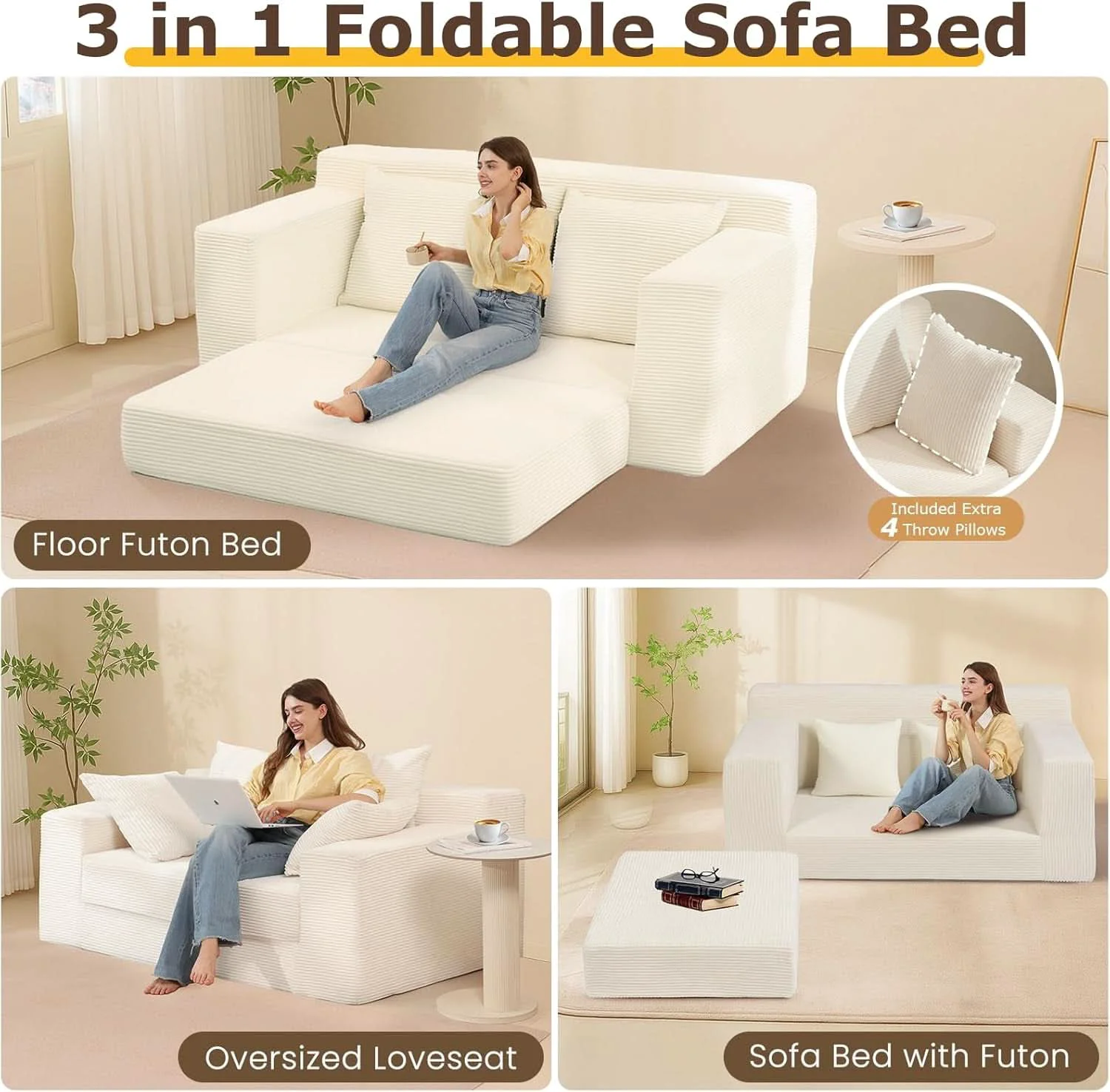 Refined Corduroy Convertible Sofa Bed Three In One BeigeTone Sleeper Luxury