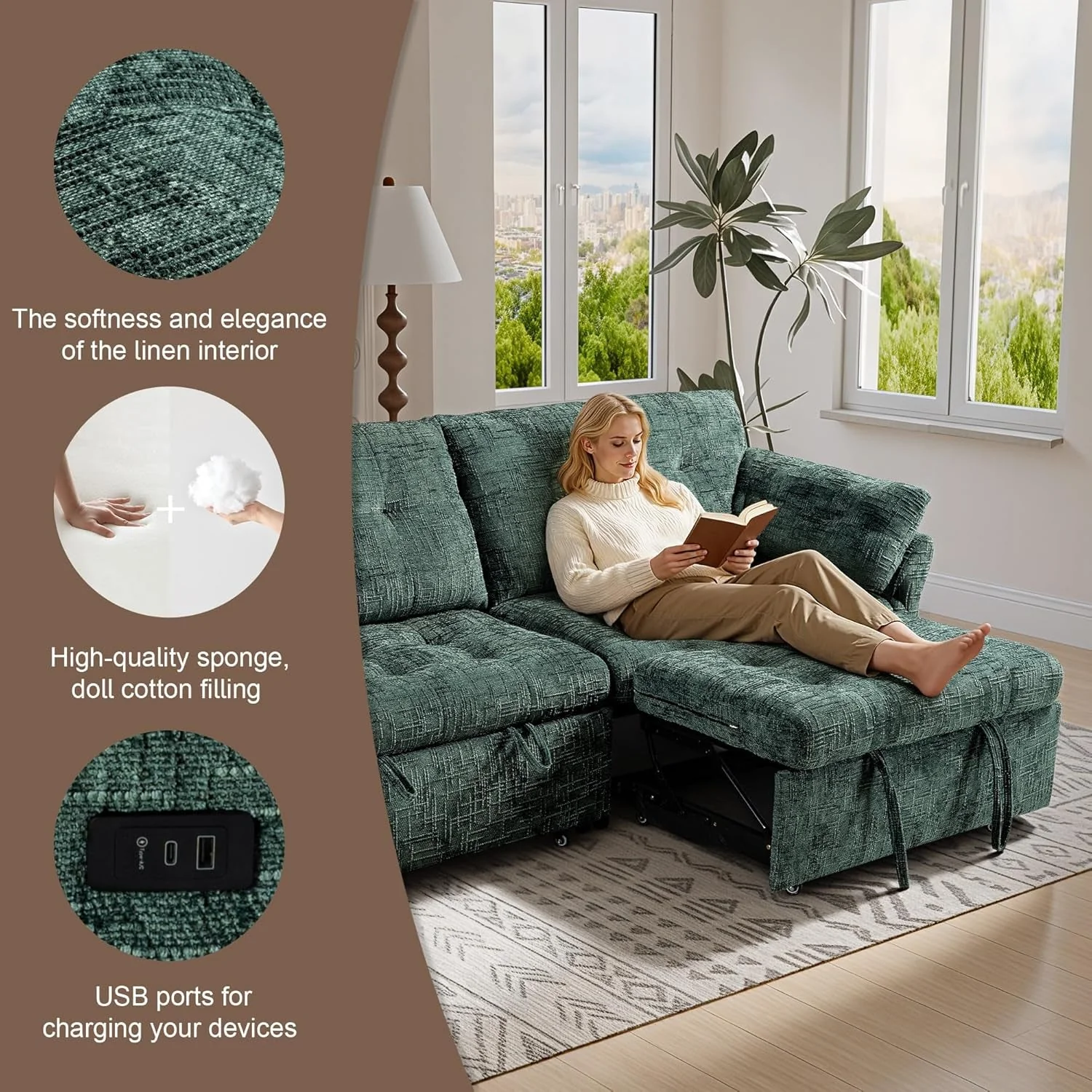 Genuine Green 3-Seater Modular Convertible Sleeper Sofa USB Stylish