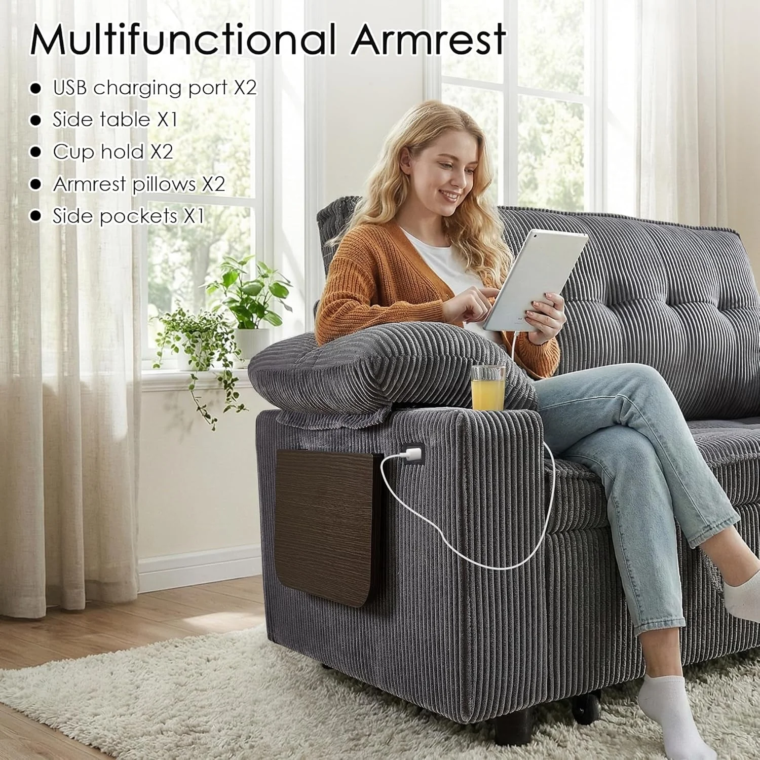 Secure 58 In Sleeper Sofa Bed DarkGrey Foldable Side Table Space Saving Durable