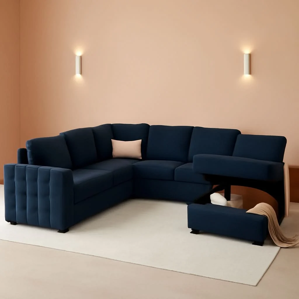 Innovative Blue Velvet U Shaped Sleeper Sofa With Pull Out Bed Authentic