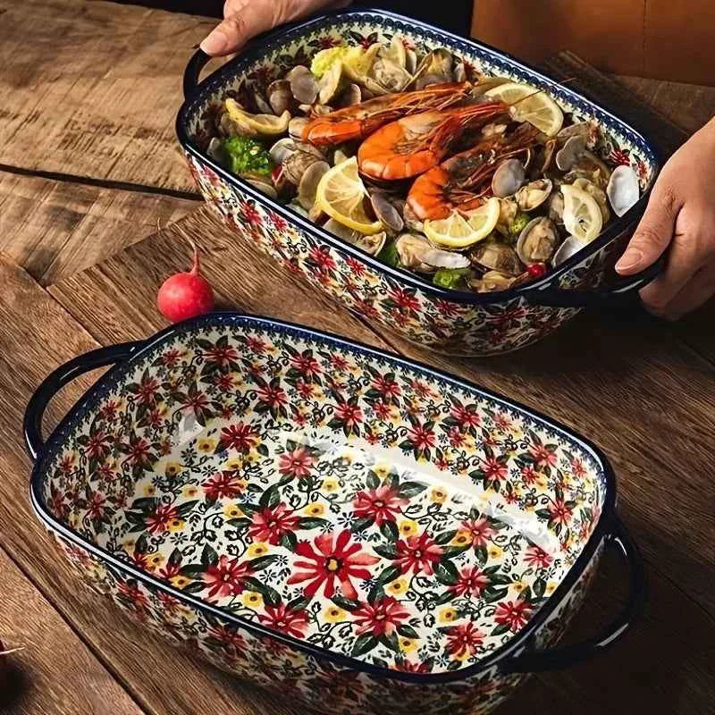 Easy-to-Use 1pc Polish Ceramic Rectangular Baking Dish with Handles Hand-Painted Embossed Floral Design Versatile Salad Rice Cheese Plate for Home KitchenSPECIFICATIONS Responsible