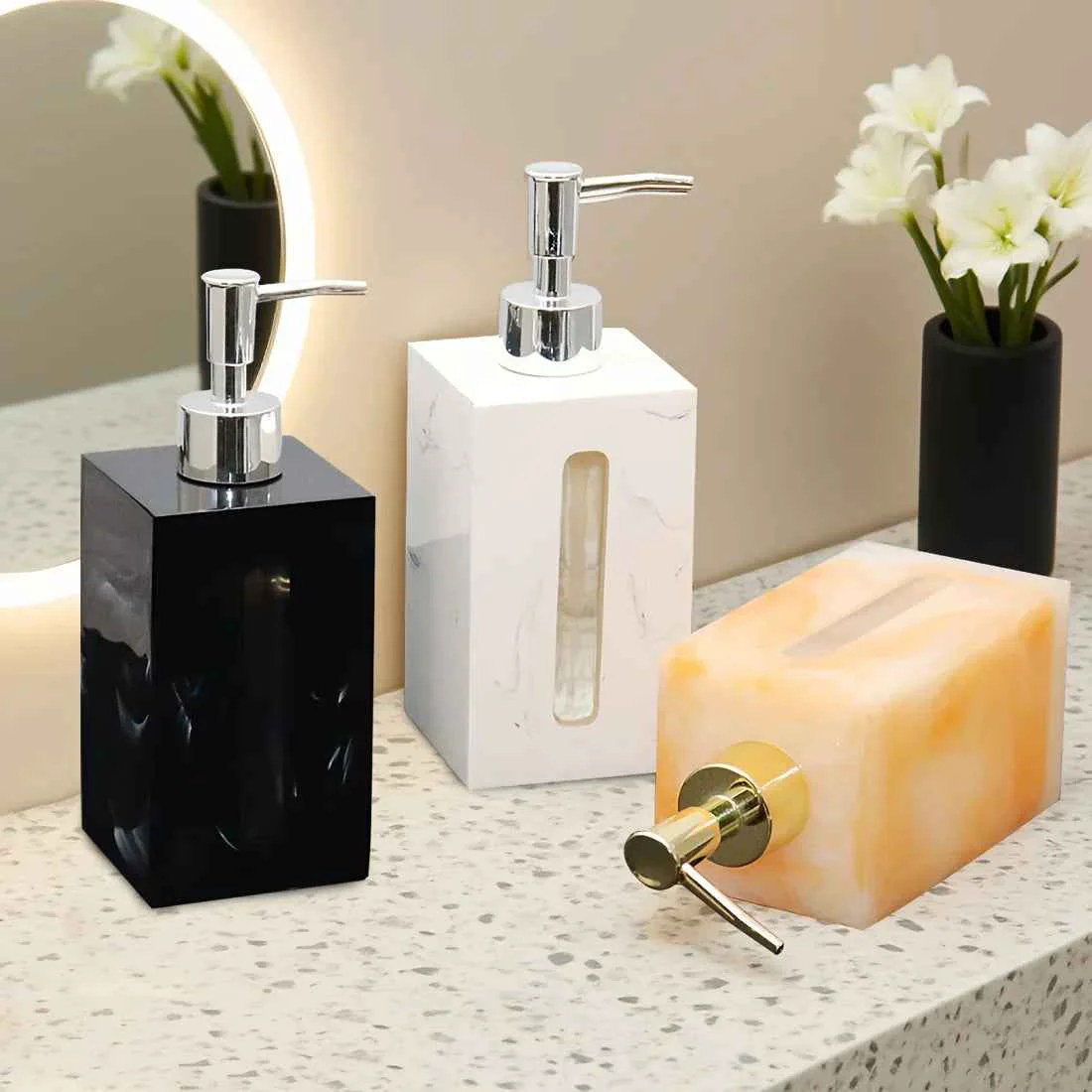 Pure Resin Soap Dispenser standing Countertop Lotion Pump Bottle Visible Capacity Liquid Hand Soap Dispenser No Electricity Needed for Bathroom Kitchen Laundry Room Shampoo Body Wash LotionSPECIFICATIONS Green