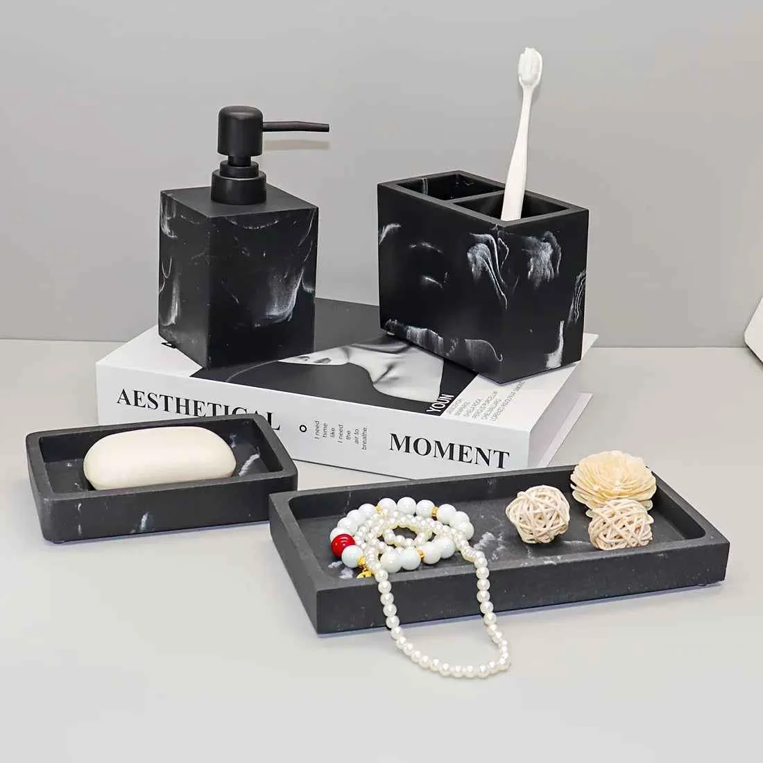 Clean 4pcs Bathroom Set Soap Dispenser Toothbrush Holder Soap Dish Storage Tray – Black Design Suitable for All Bath Styles to Create a Cozy Home Decor Experience Year-RoundSPECIFICATIONS User-Friendly
