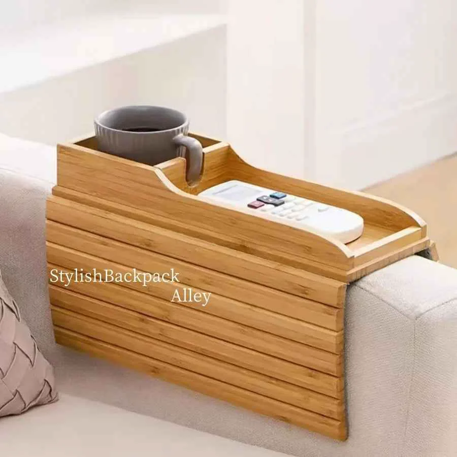 Consistent Stylish Bamboo Sofa Armrest Tray with Cup Holder - Anti-Fall Design Foldable Storage Table for Snacks Phones Beverages Cups Contemporary Home Accessory Beverage Tray Modern Bamboo Tray Foldable TraySPECIFICATIONS Elegant
