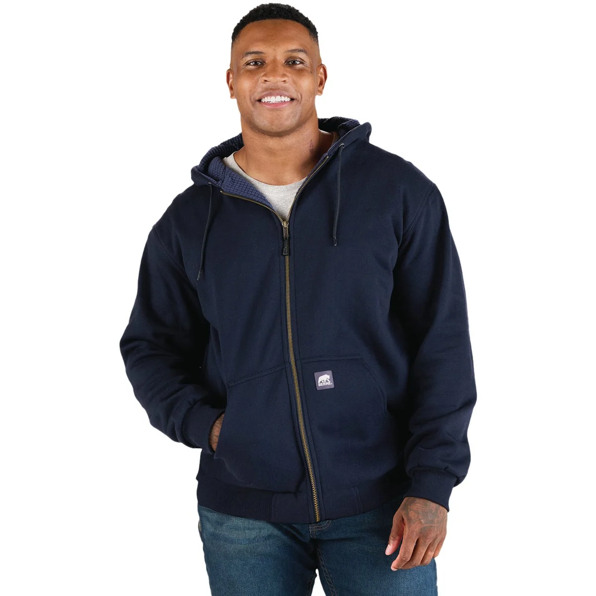 World-Class Berne Heritage Grid 2XL Navy Fleece-Lined Full-Zip Hooded Sweatshirt Professional
