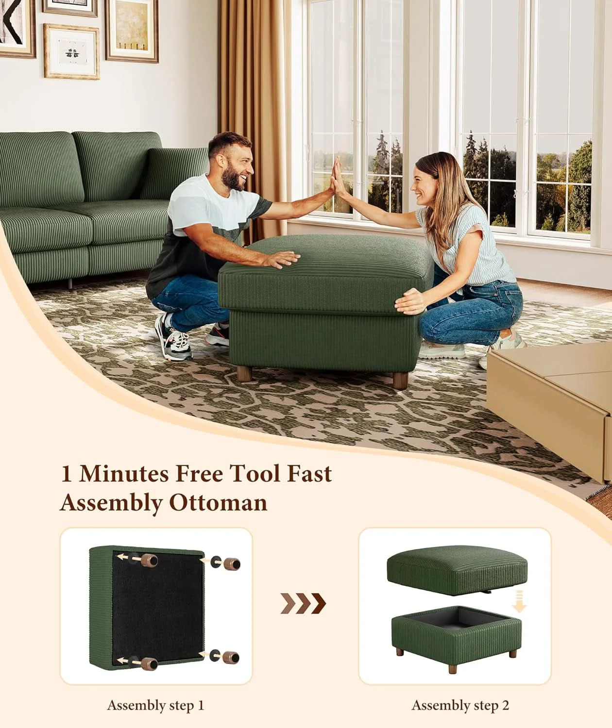 Certified Emerald Corduroy Storage Ottoman 25 Inch Cushioned Official