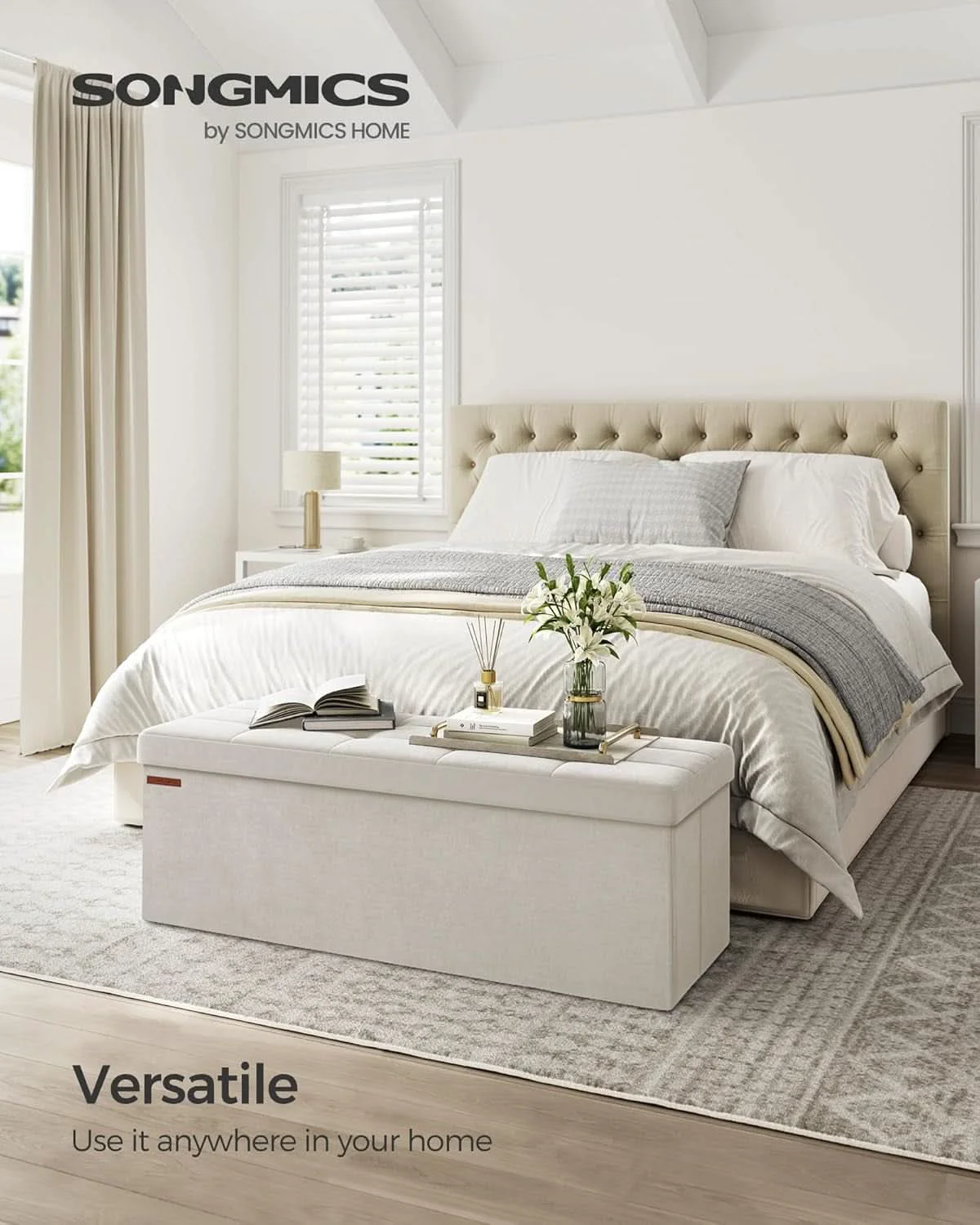 Fine Crafted Cream White Storage Ottoman Bench Foldable 15x43x15 Effective