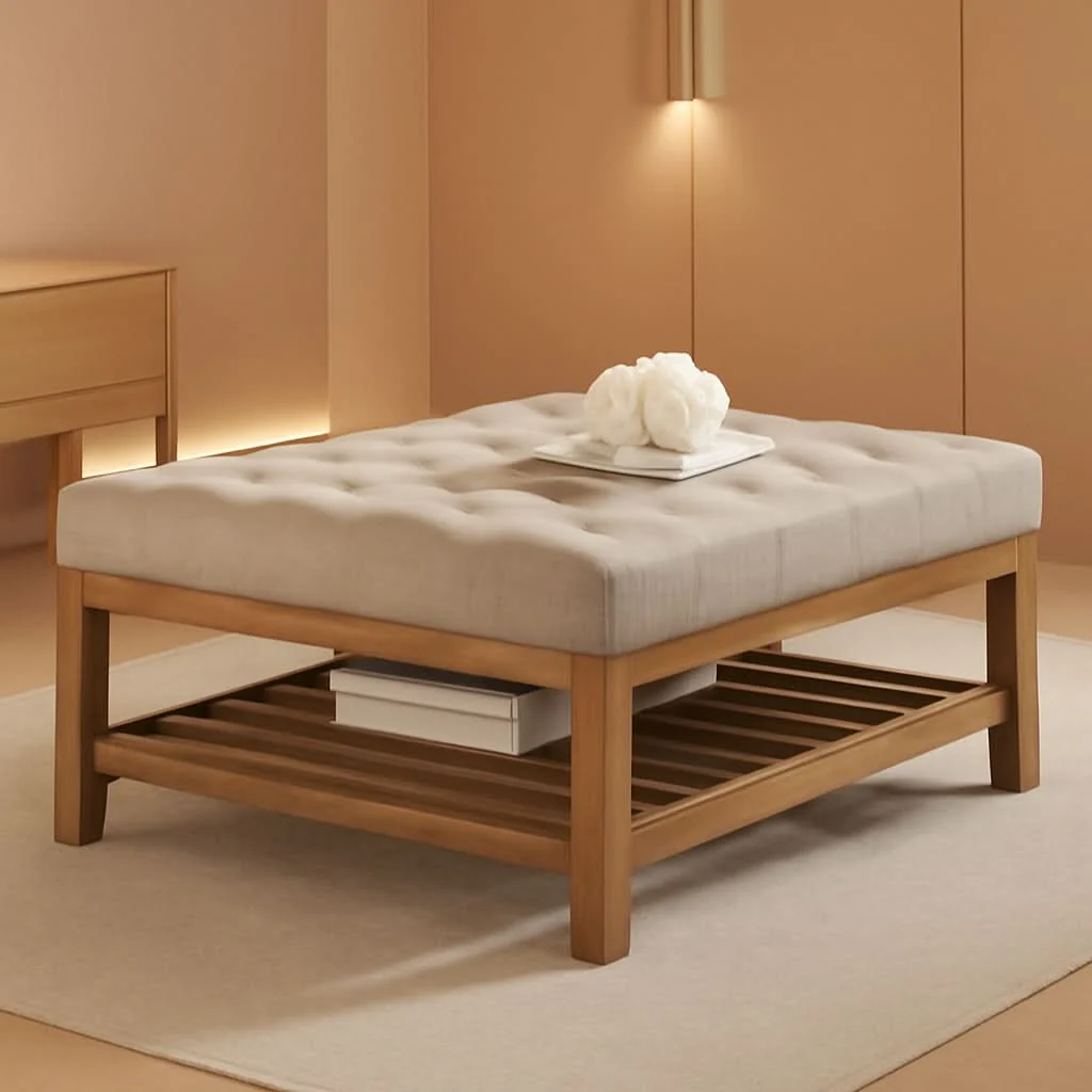 Modern Large Upholstered Tufted Linen Ottoman Coffee Table Fashionable