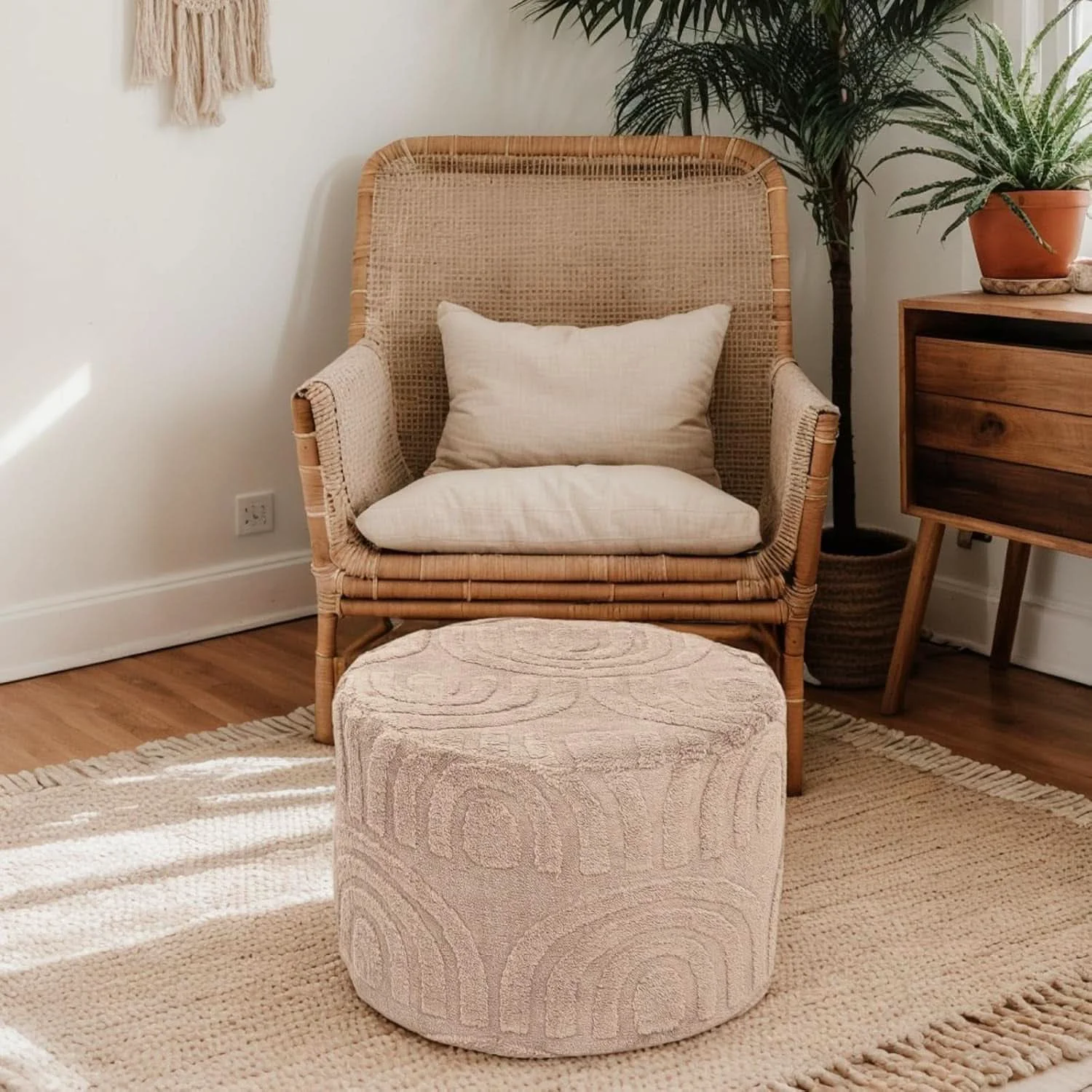 Efficient Khaki Round Ottoman Pouf 20x20x14 Inches Luxurious Durable