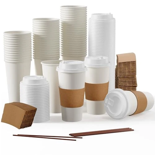 Smart 50 Pack 20 oz Disposable Paper Coffee Cups with Lids Sleeves 50 Count Refined