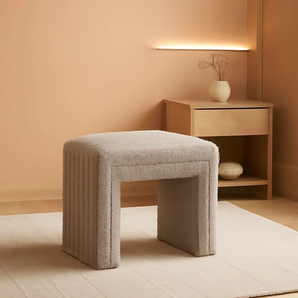 Artisan Taupe Boucle Vanity Ottoman Tufted Weathered Walnut Easy-to-Use