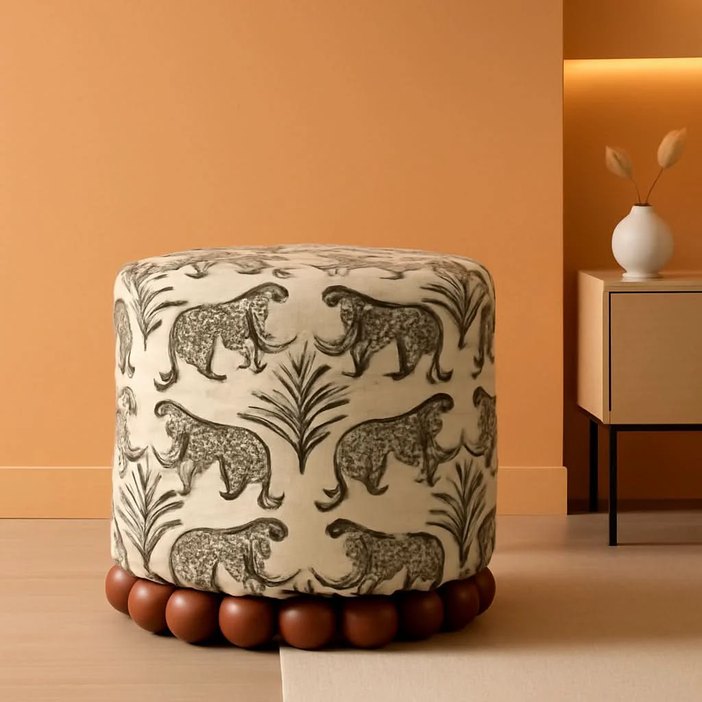 Exceptional Dex Taupe Leopard Jacquard Ottoman Fully Assembled Certified