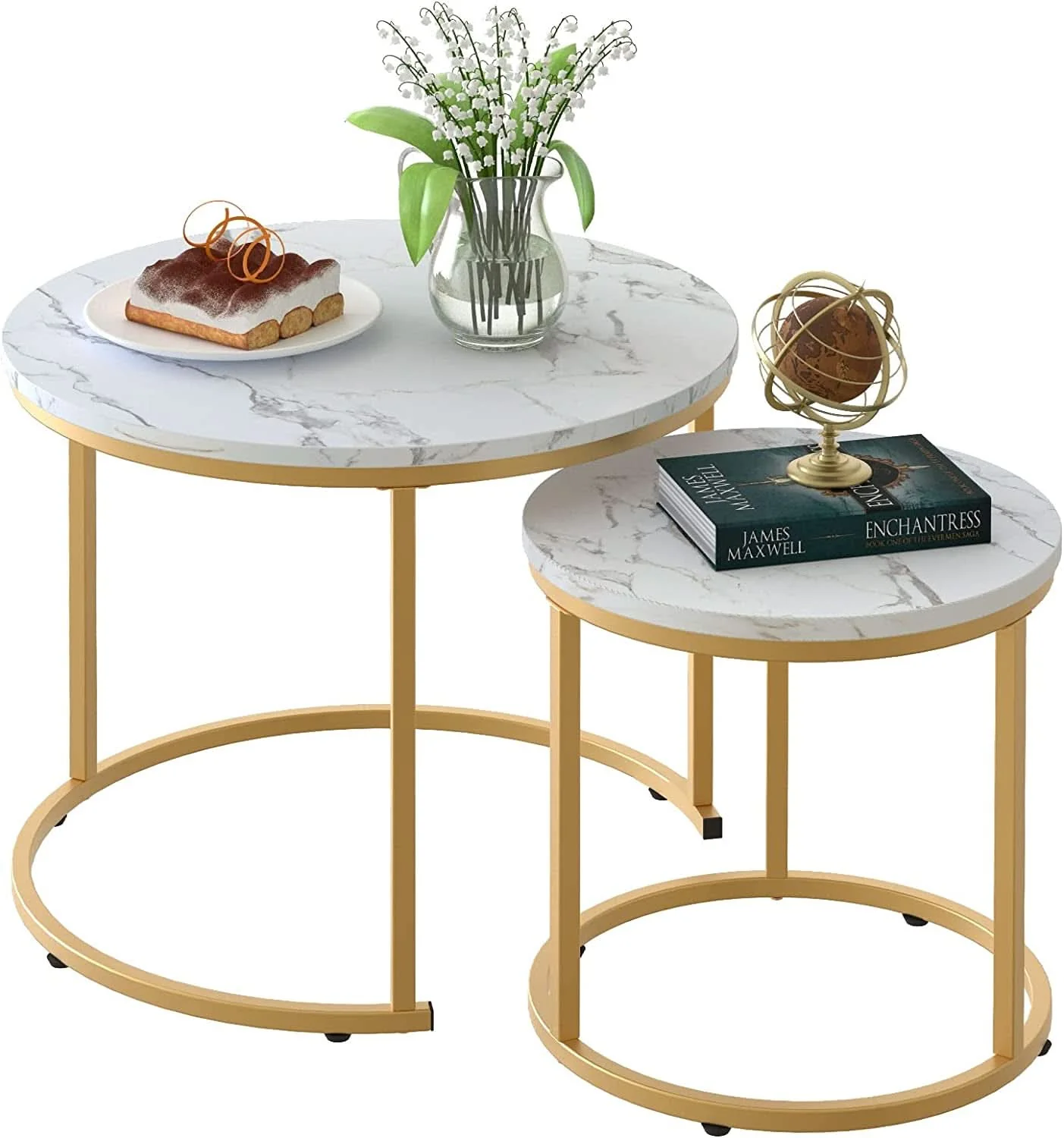 Traditional White Nesting Circular Coffee Tables Marble Pattern Contemporary