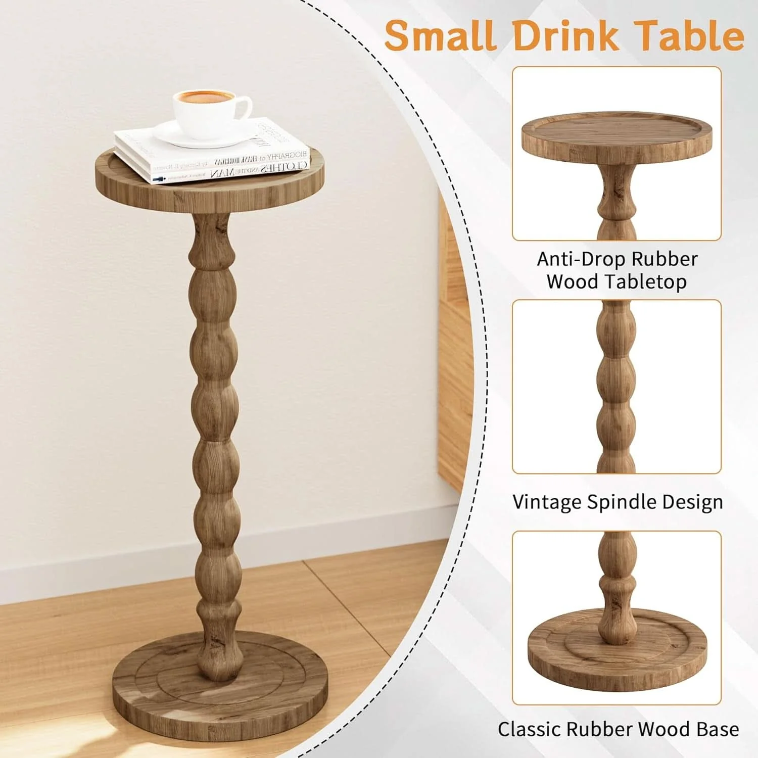 Smart 9.4 Inch Round Rubberwood End Table Brown Textured Finish Excellent