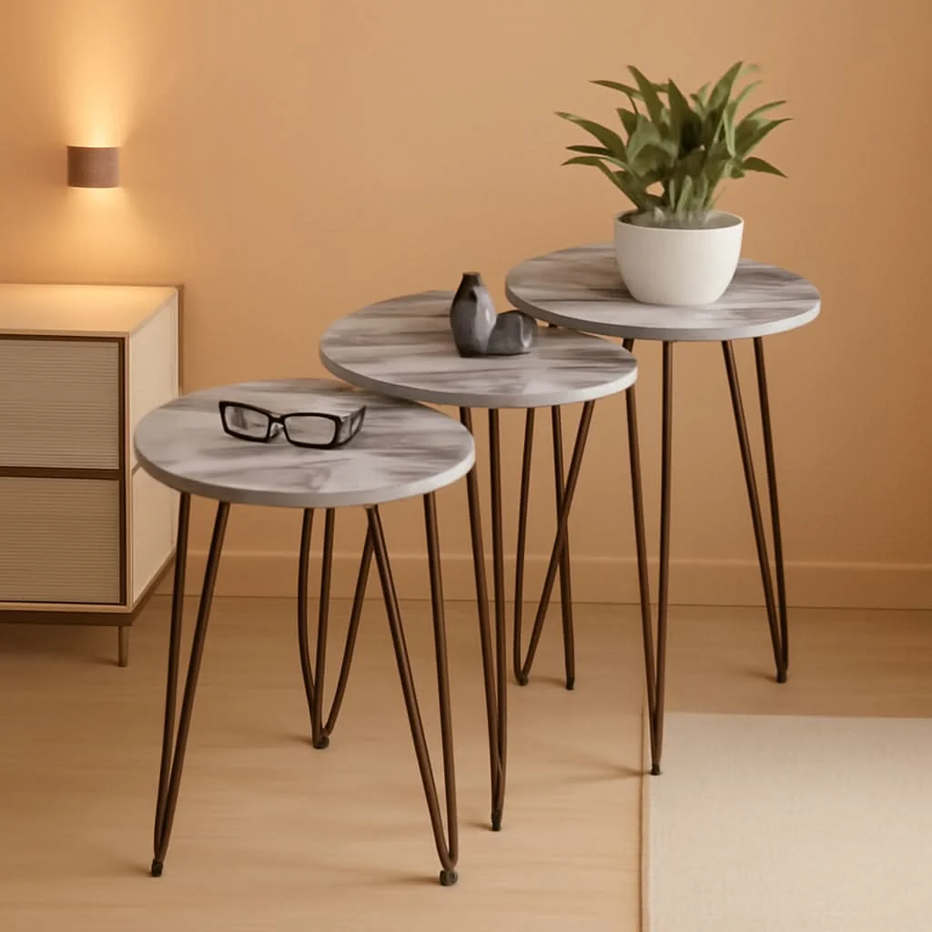 Refined Grey Marble Nesting Tables Set Of 3 Modern Round End Tables Durable