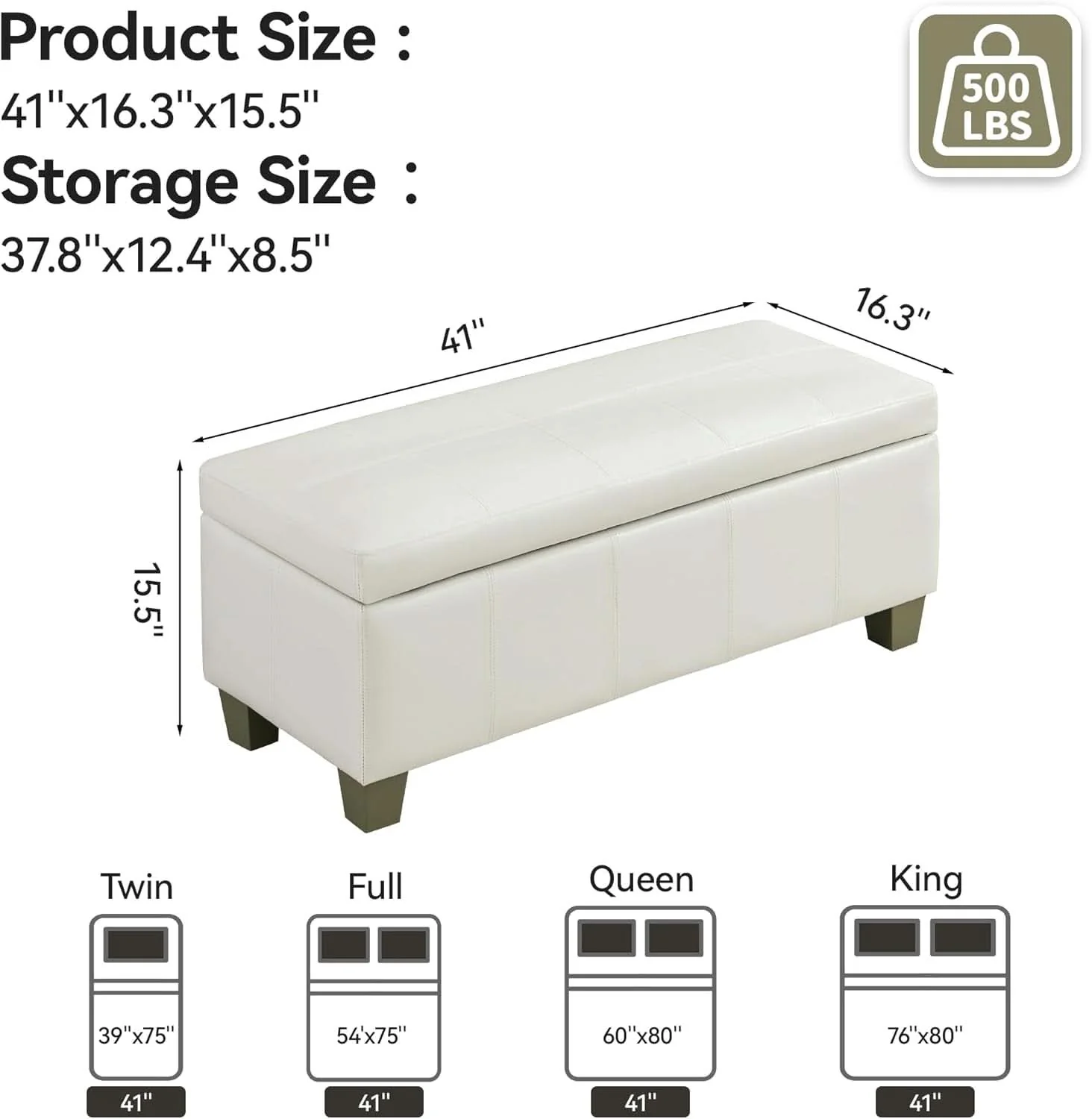Fine Crafted 41-Inch White Faux Leather Storage Ottoman End-Of-Bed Premium Material