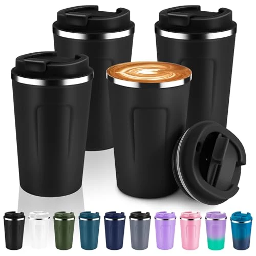 Exclusive 12 oz Double Wall Insulated Vacuum Travel Coffee Mug with Flip Lid Bulk 4 Pack 4 Count Expertly Made
