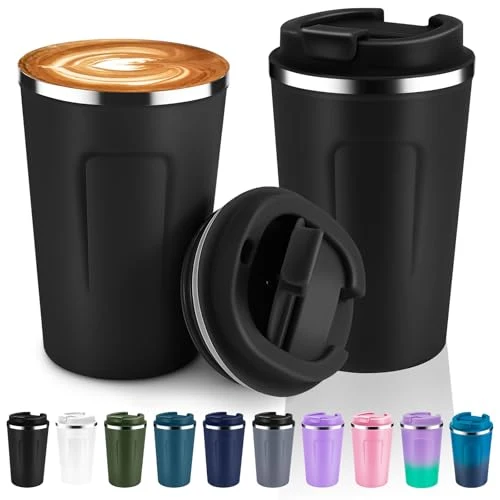 Eco-Friendly 12 oz Double Wall Insulated Vacuum Travel Coffee Mugs with Flip Lid Bulk 2 Pack 2 Count Modern