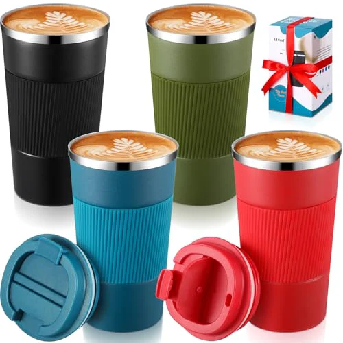 Fashionable 4 Pack 16 oz Bulk Travel Coffee Mug with Lid Reusable Vacuum Insulated Coffee Tumbler Double Wall Thermal Stainless Steel Camping Tea Cup for Christmas Winter Drinks Employee Gift 4 Count Fine
