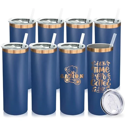Elite 20 oz Skinny Tumblers Bulk with Lids and Straws Navy 8 Count Luxury