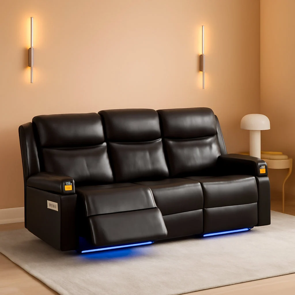 Flexible Brown Colorful LED Lighting Premium Reclining Sofa Prestigious