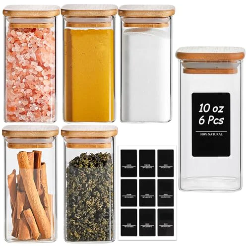 Sophisticated Glass Spice Jars with Labels 10 oz 6 Pack Large Square Bamboo Lids 6 Count Enhanced
