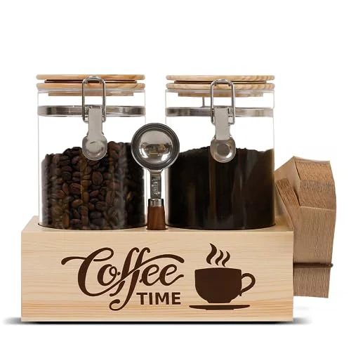 Elegant Glass Coffee Canister Set with Shelf Spoon 2 Piece Coffee Containers for Coffee Bean Storage Airtight Seal Specialty