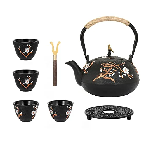Top-Quality Cast Iron Teapot 40.6oz Japanese Tea Kettle Set with 4 Tea Cups User-Friendly