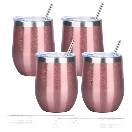 Specialty 12oz 4 Pack Wine Tumbler Glasses with Lid Stemless Double Wall Vacuum Stainless Steel Travel Tumbler Keeping Cold Hot for Wine High-Grade