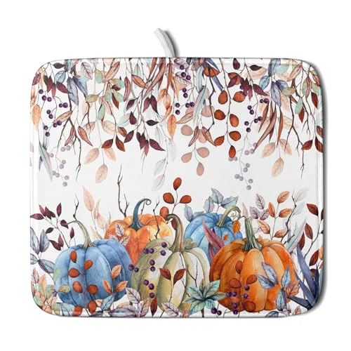 Original Orange and Blue Autumn Pumpkins Dish Drying Mat for Kitchen Counter User-Friendly