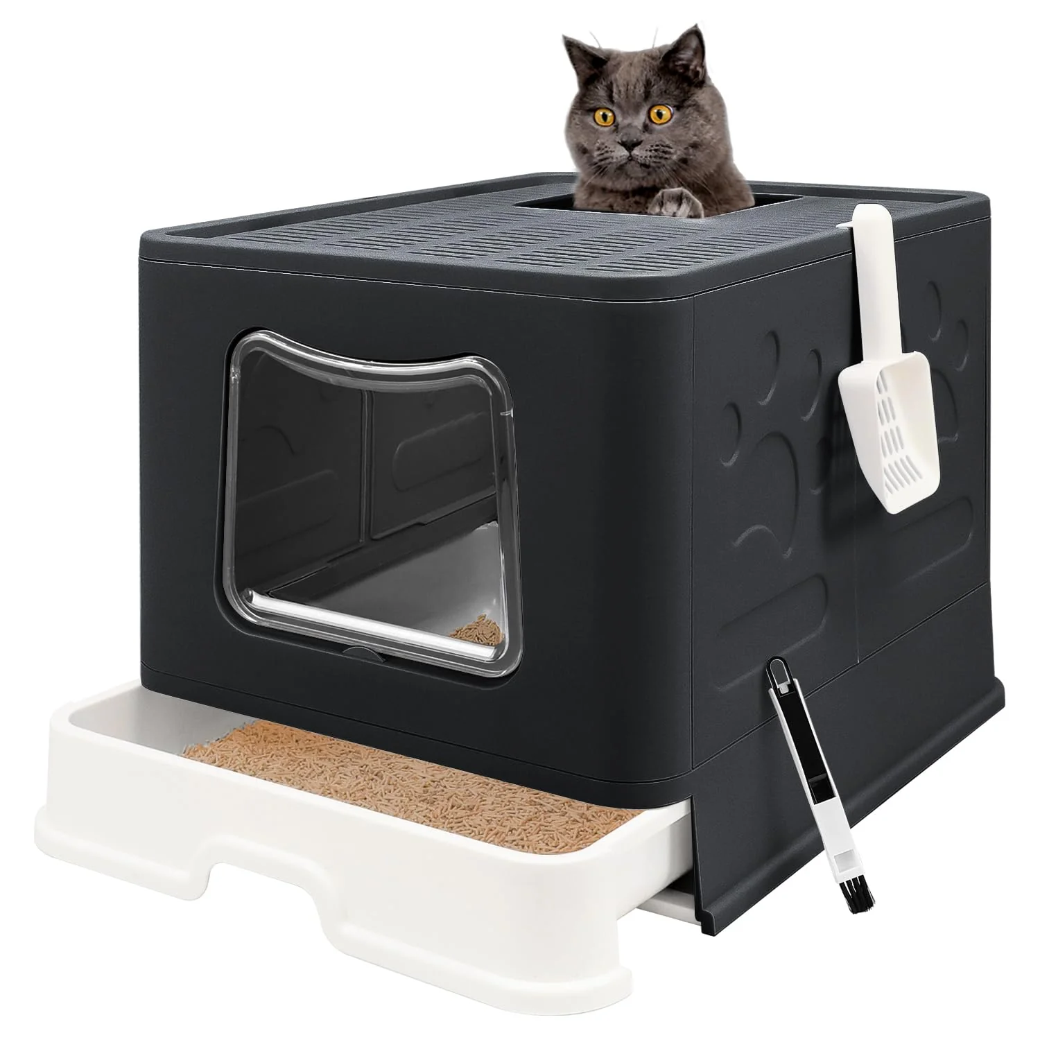 Modern Fophop XL Foldable Cat Litter Box with Lid – Top Entry Enclosed Potty Includes Scoop 2-in-1 Brush Trendy