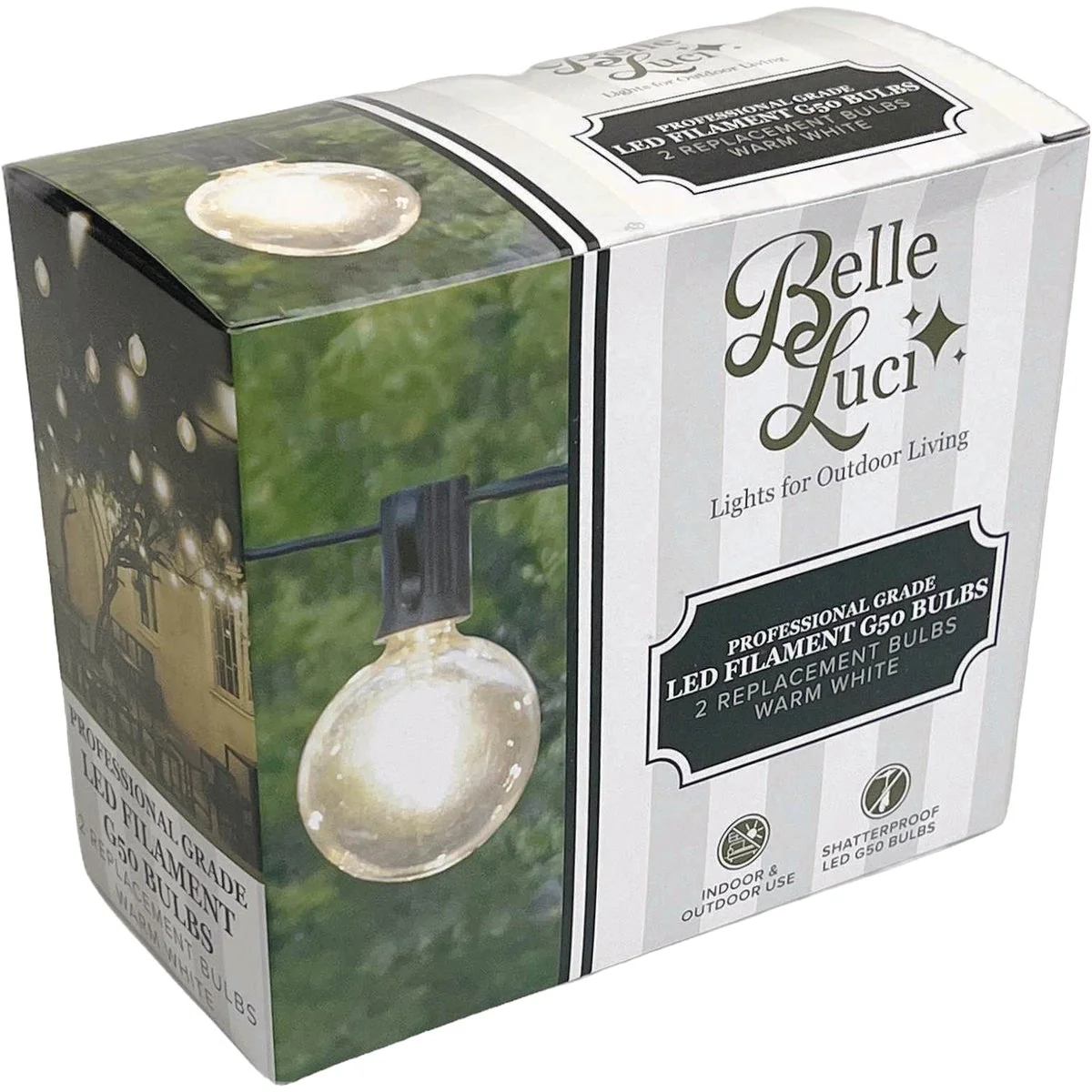 Prestigious Holiday Bright Lights Belle Luci G50 E17 Base Warm White Transparent LED Bulb 2-Pack Detailed