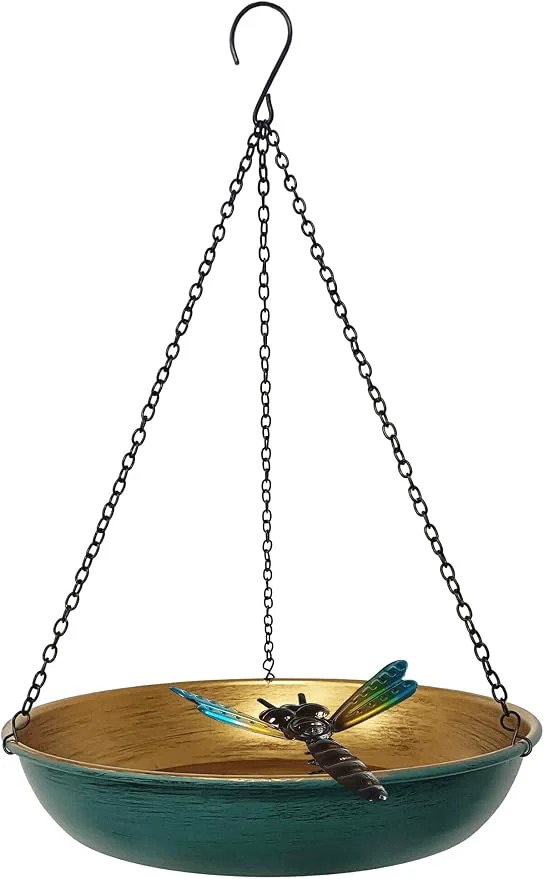Solid Hanging Birdbath Bird Feeder for Outdoor 11 Inch Green Bronze Cute Metal Bird Soft