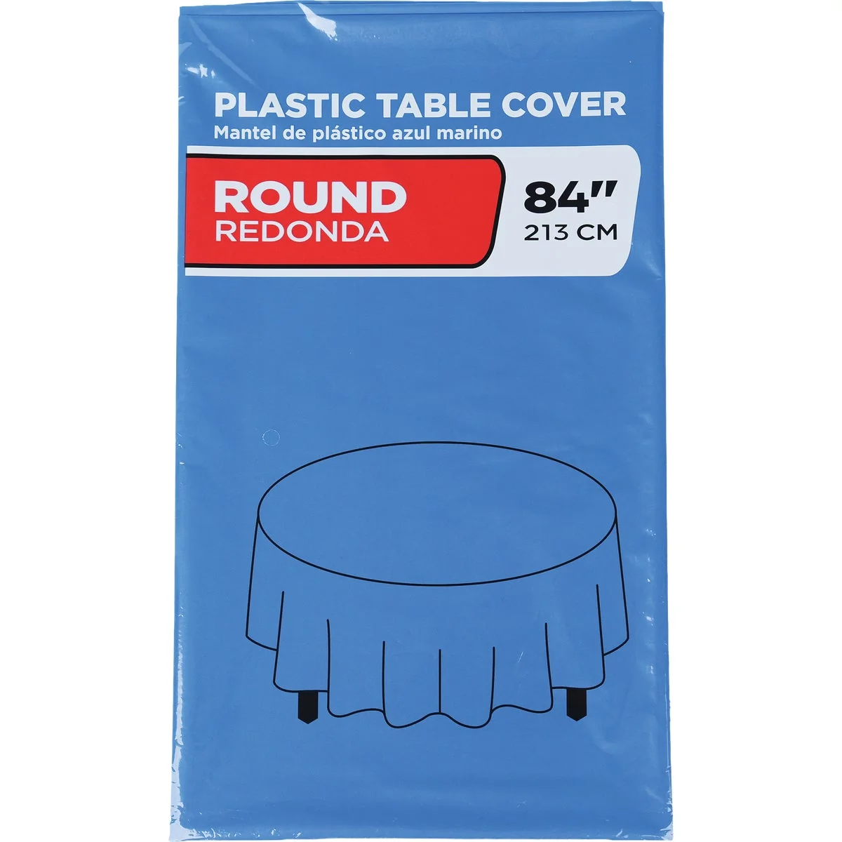 Traditional 84 In. Cobalt Blue Round Plastic Table Cover Relaxed